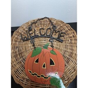 VINTAGE Halloween Pumpkin Jack O'lantern Metal Hanging Welcome Sign